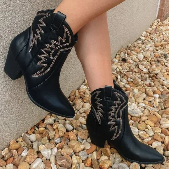 NEW Black Pointy Toe Block Heel Western Stitch Embroidery PU Leather Ankle Boots - Picture 2 of 10